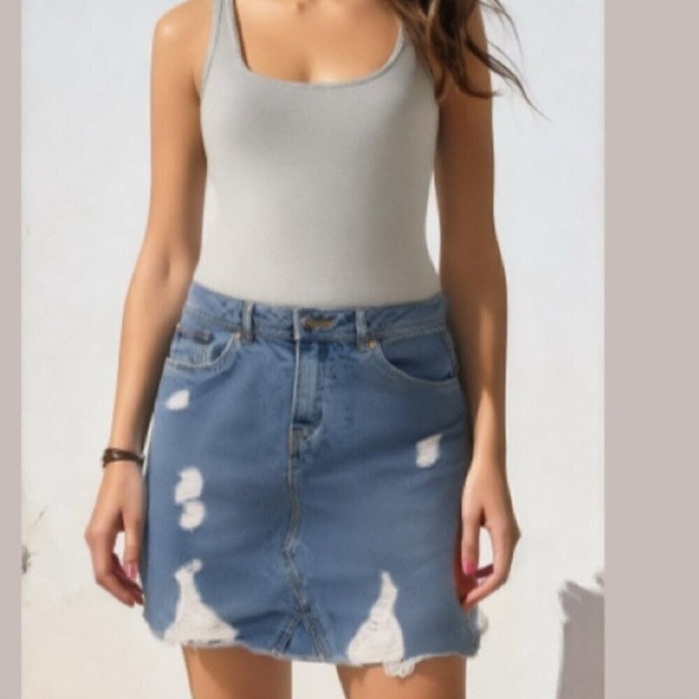 H&M Denim Blue Distressed High Waisted Mini Skirt